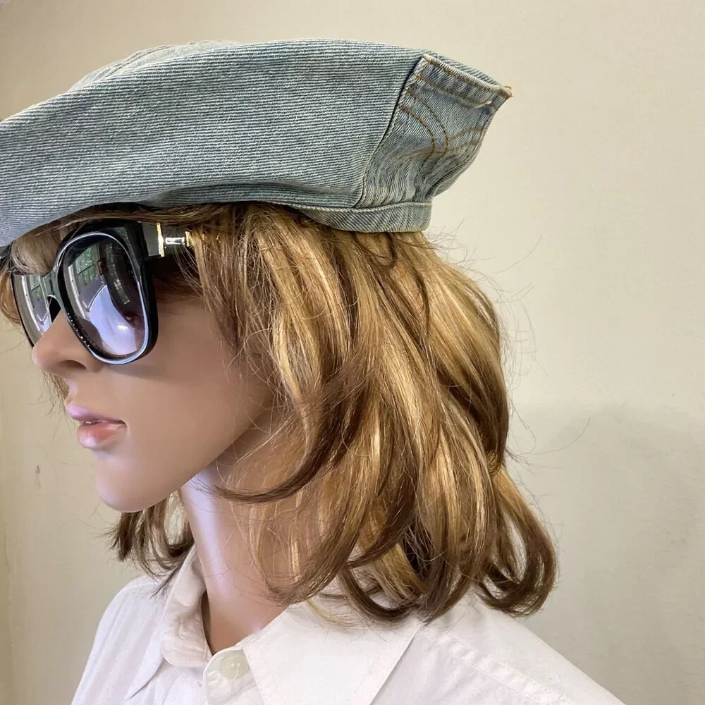 On The Momentum Denim Beret Flat Hat Women OSFM Boho Artsy Parisian Logo button